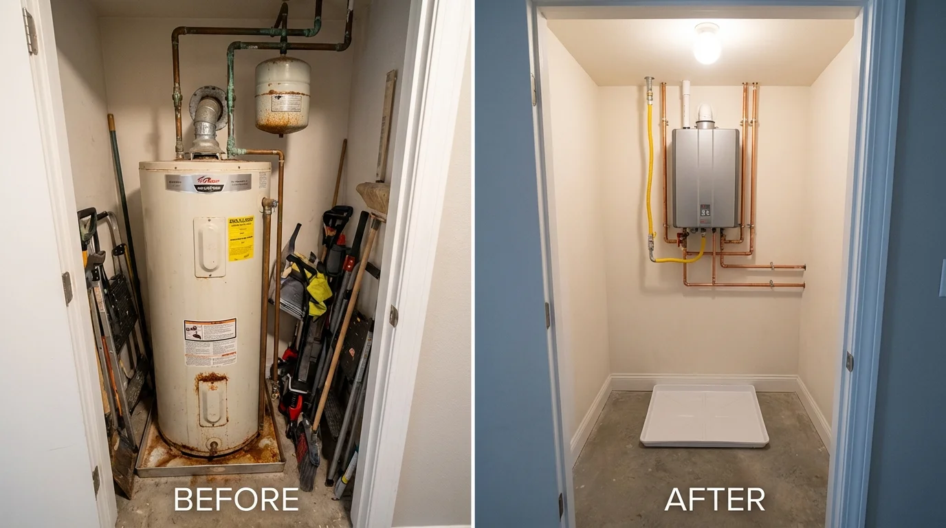 Tank water heater versus wall-mounted tankless unit comparison for Wendell, NC homeowners