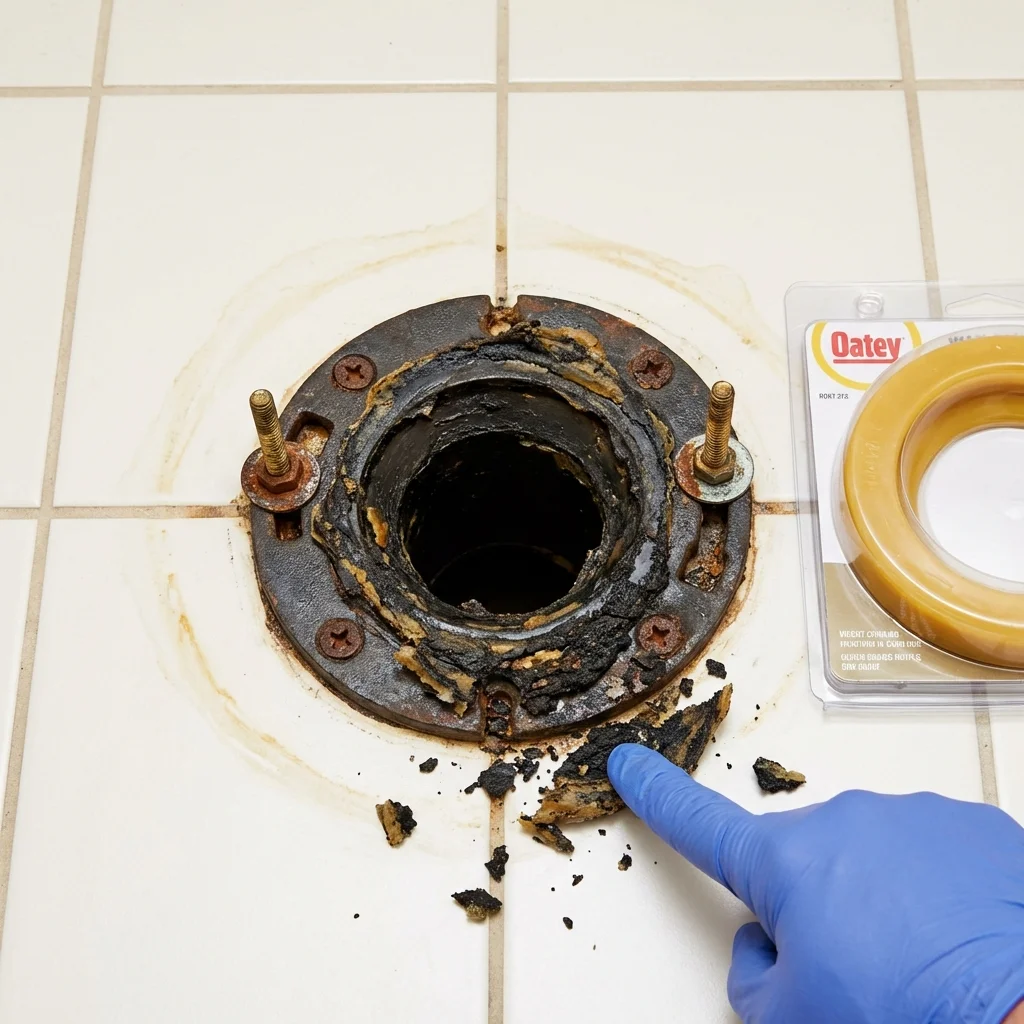 Failed wax ring showing water seepage at the base of a toilet in a Wendell, NC home