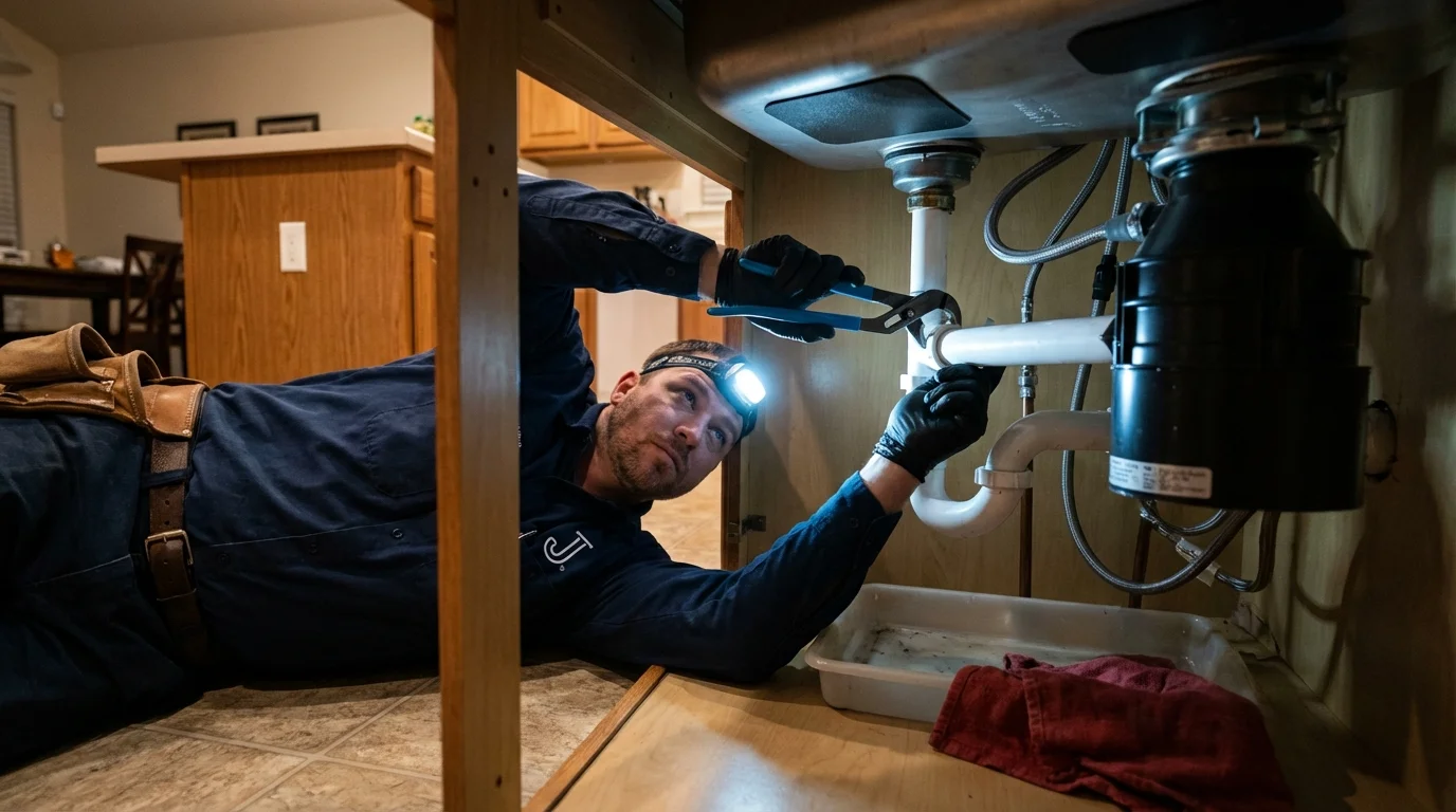 P-trap and supply line connections under a kitchen sink showing a common leak point in Wendell, NC